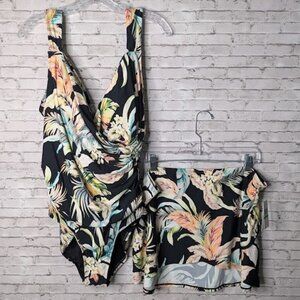 NWT - JANTZEN Black Palm Tropical Bathing Swim Suit PLUS Skirt - SIZE 16  womens
